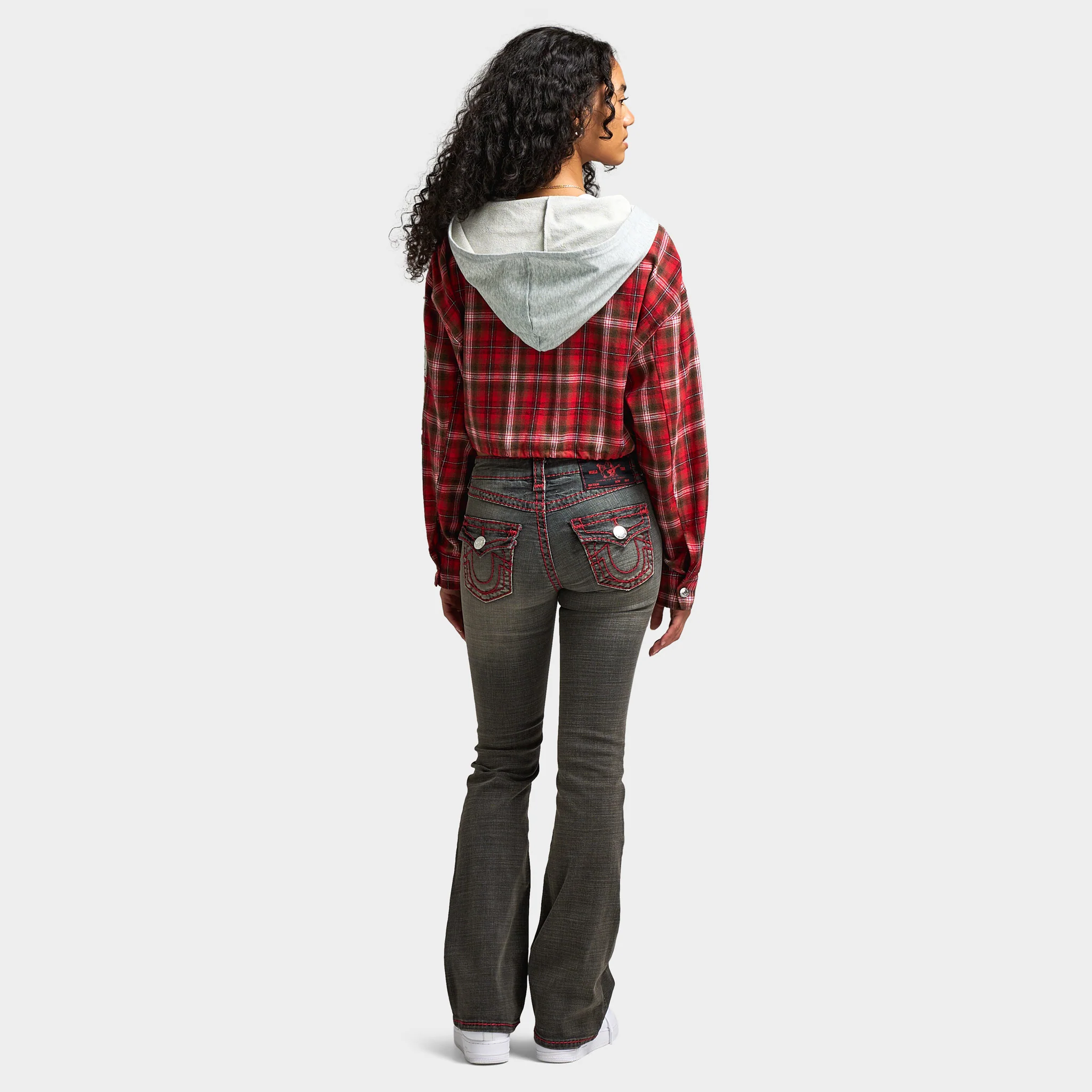 True Religion Women's Applique Hoodie Shrunken Zip / Red Plaid - Image 5