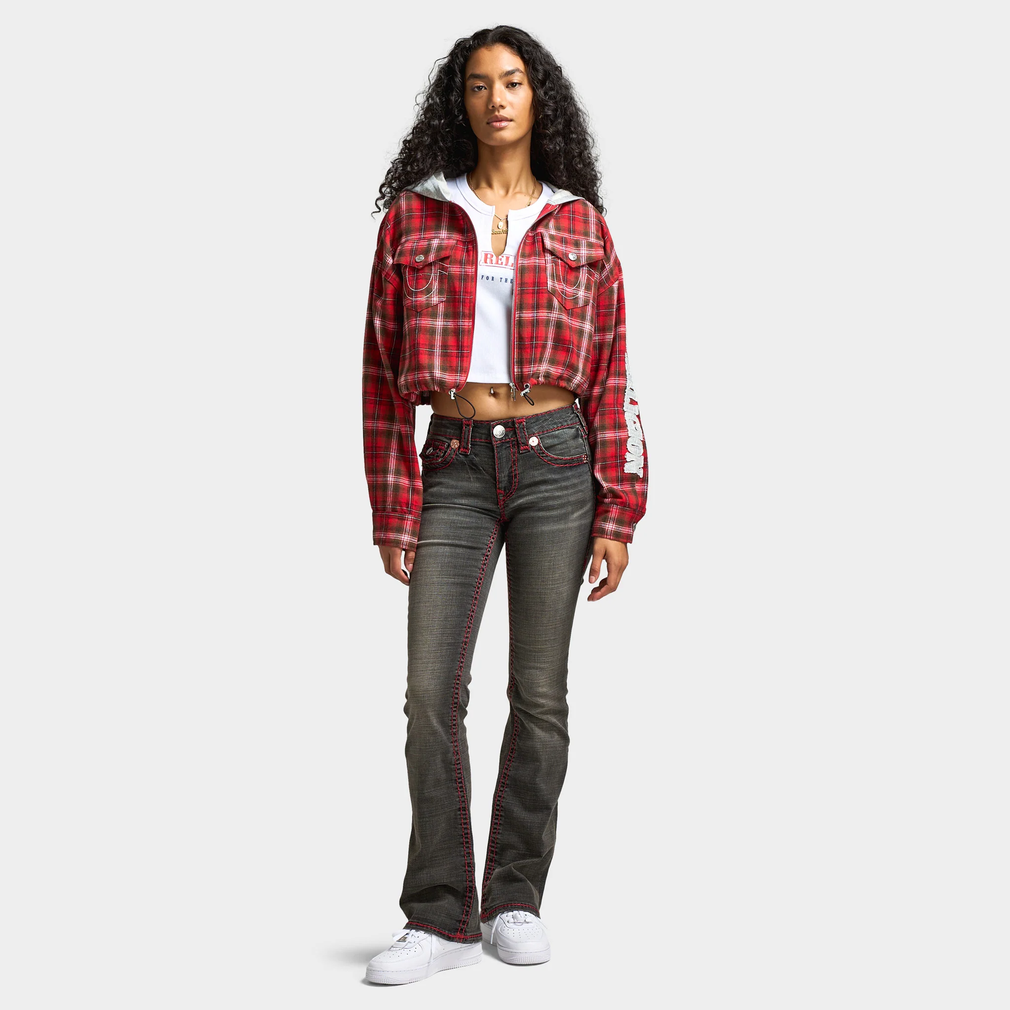 True Religion Women's Applique Hoodie Shrunken Zip / Red Plaid - Image 6