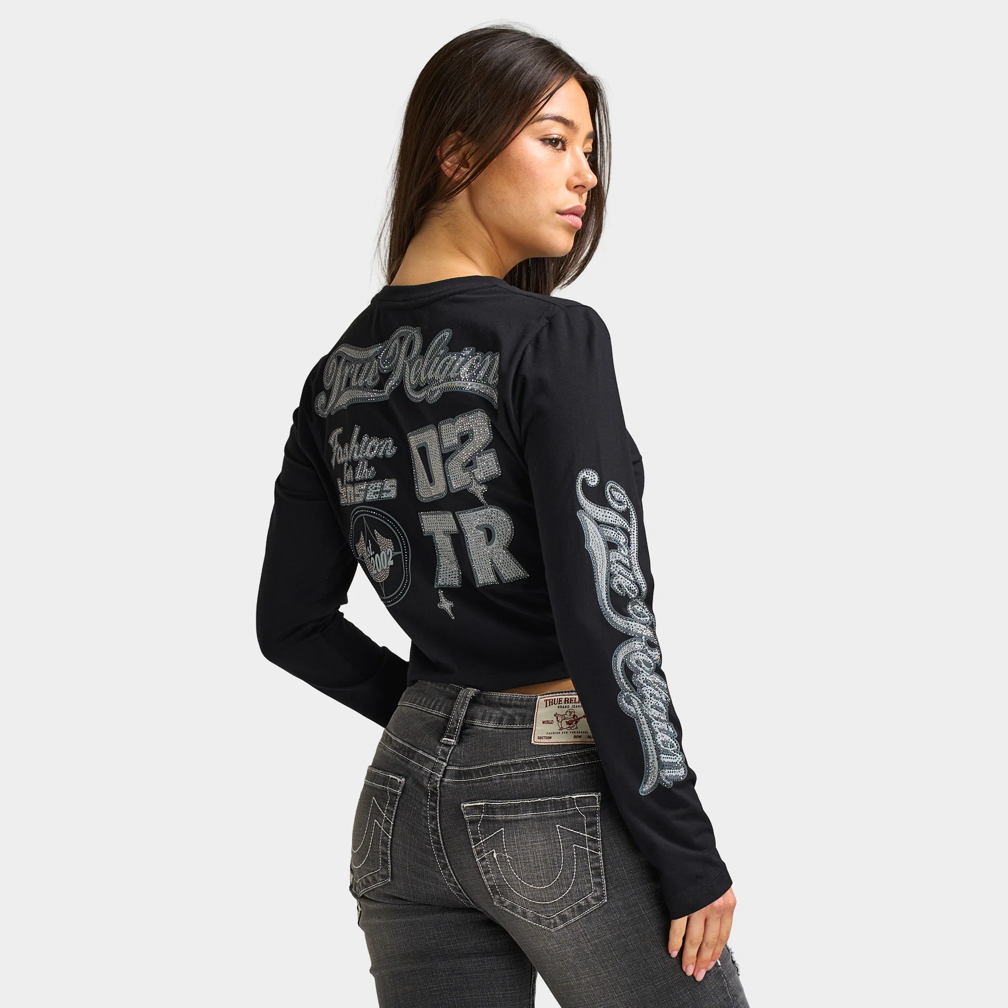 True Religion Women's Bedazzled Crystal Sporty Long Sleeve Baby Tee / Black - Image 2