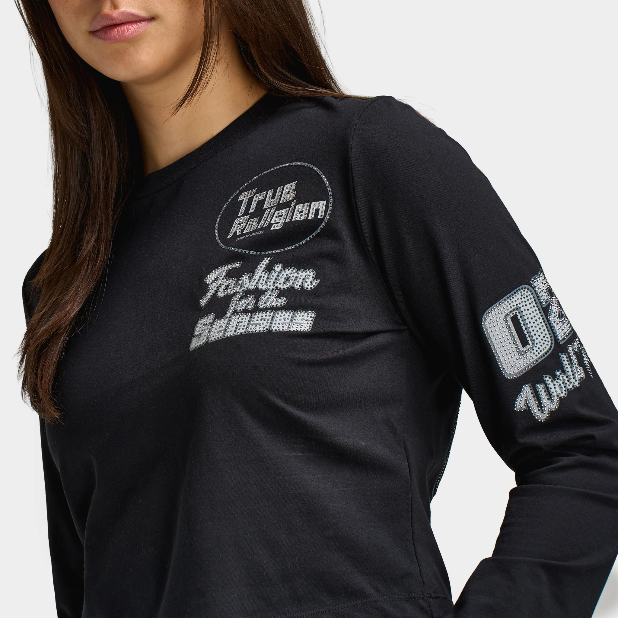 True Religion Women's Bedazzled Crystal Sporty Long Sleeve Baby Tee / Black - Image 3