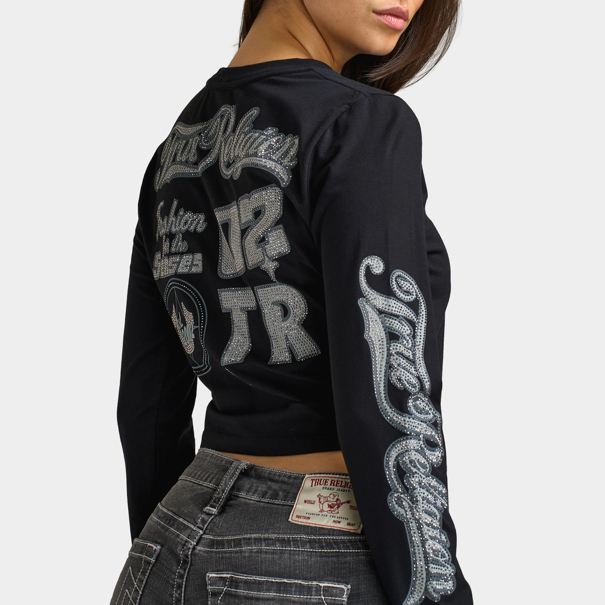 True Religion Women's Bedazzled Crystal Sporty Long Sleeve Baby Tee / Black - Image 4