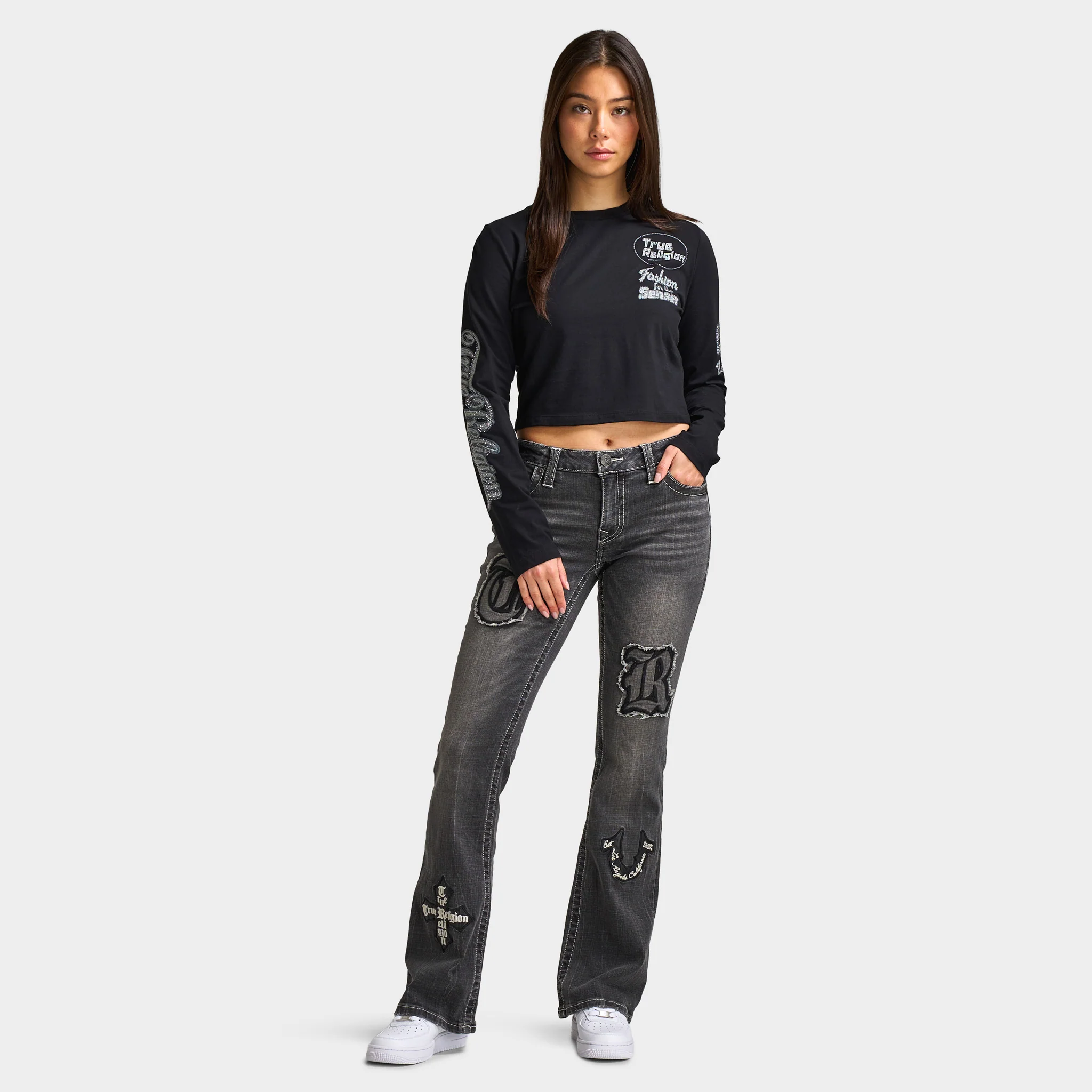 True Religion Women's Bedazzled Crystal Sporty Long Sleeve Baby Tee / Black - Image 5