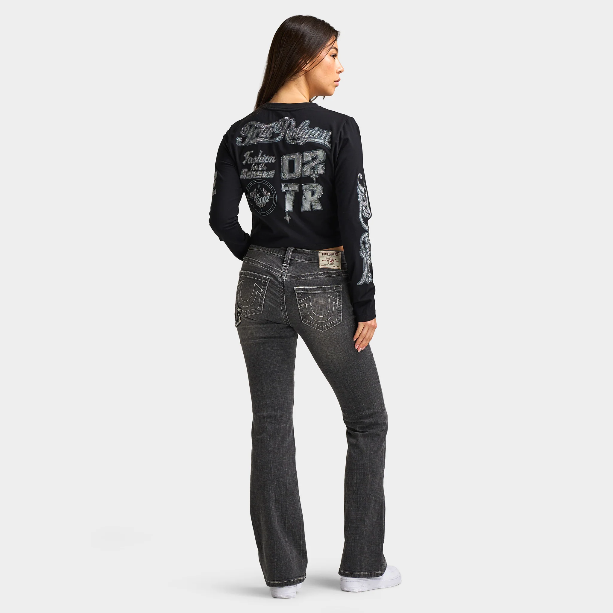 True Religion Women's Bedazzled Crystal Sporty Long Sleeve Baby Tee / Black - Image 6