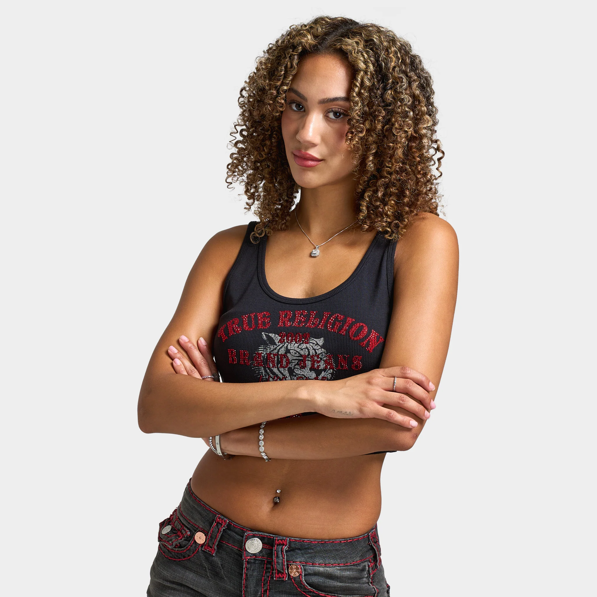 True Religion Women's Crystal Tiger Cut Hem Tank / Jet Black - Image 3