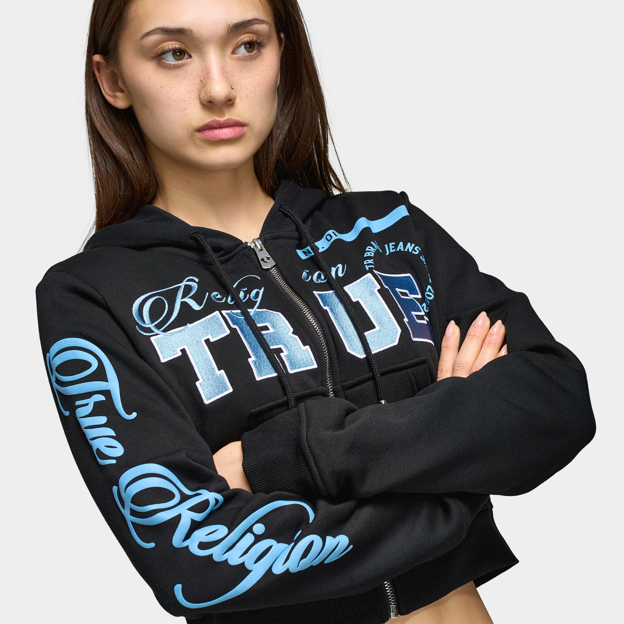 True Religion Women's Embroidered Shrunken Full Zip Hoddie / Black - Image 3