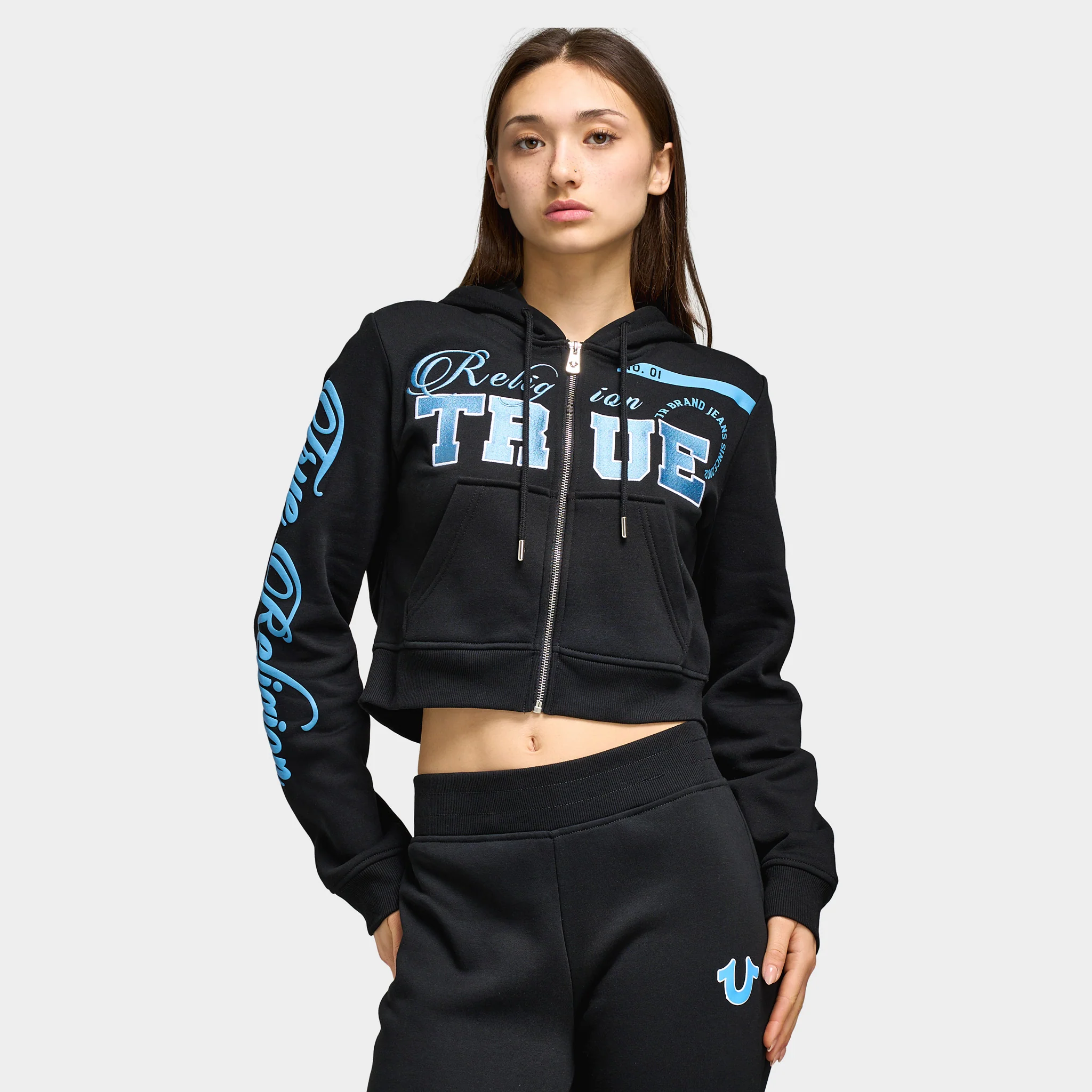 True Religion Women's Embroidered Shrunken Full Zip Hoddie / Black - Image 5