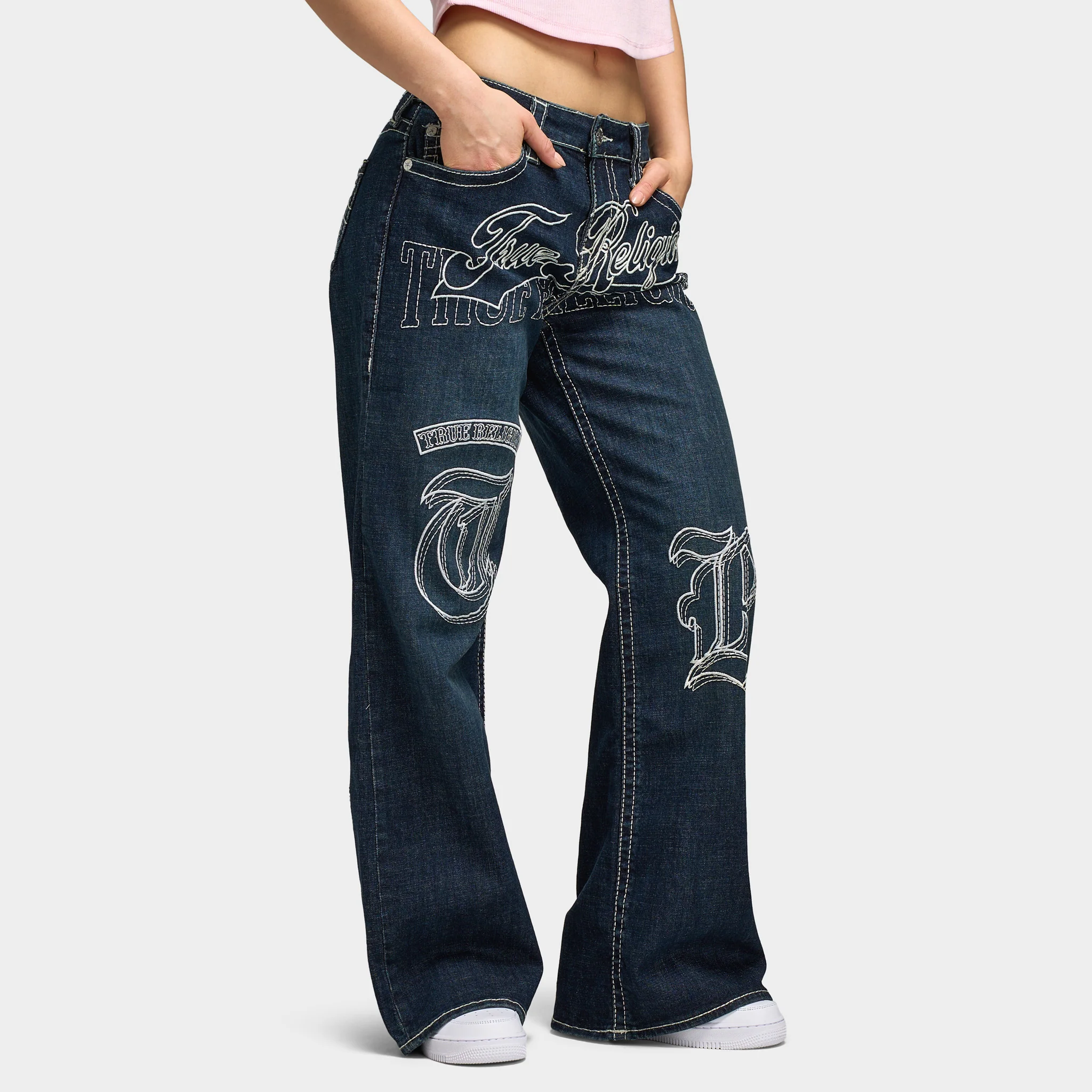 True Religion Women's Embroidery Bobbi Baggy Big T Jeans / Ice Meadow - Image 5