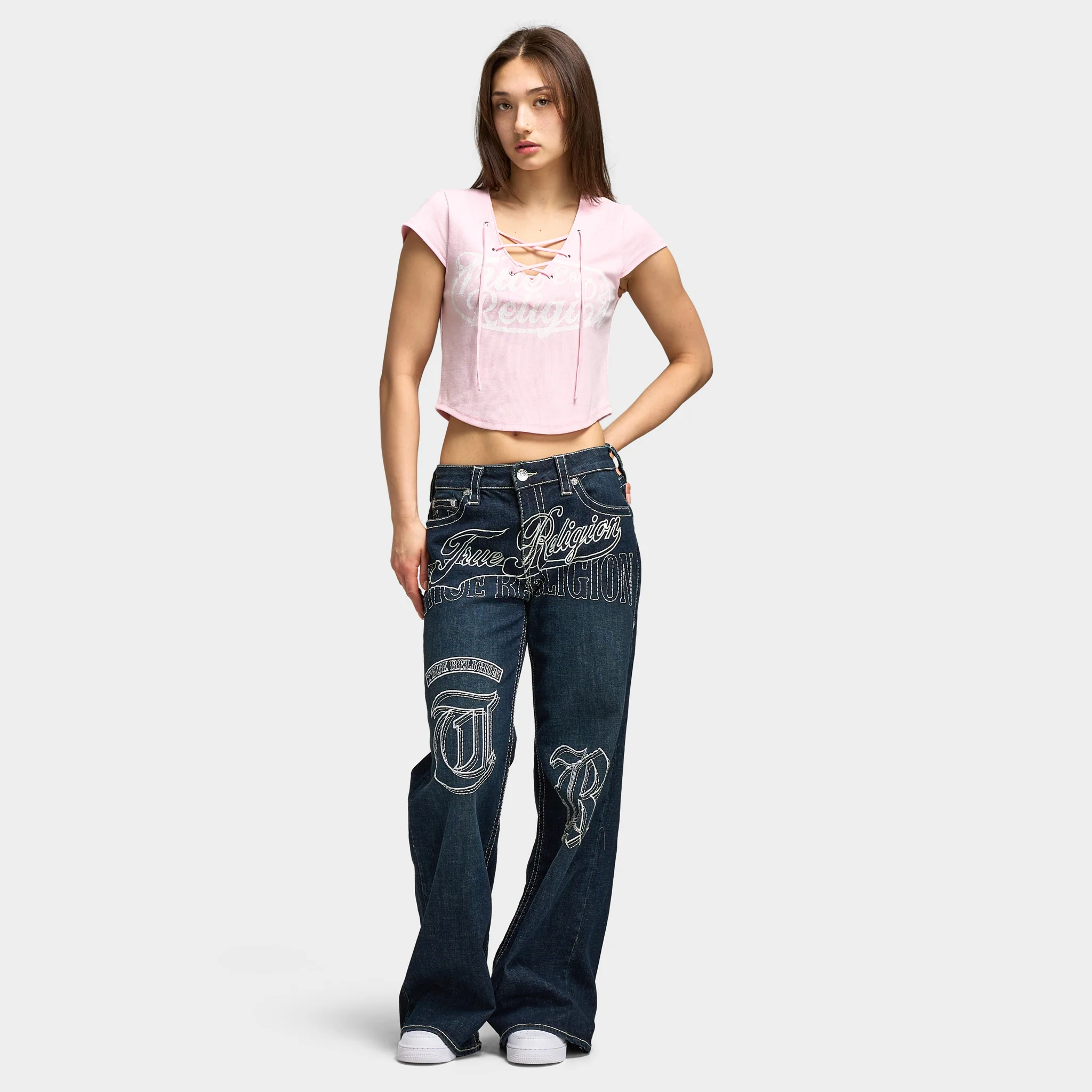 True Religion Women's Embroidery Bobbi Baggy Big T Jeans / Ice Meadow - Image 6