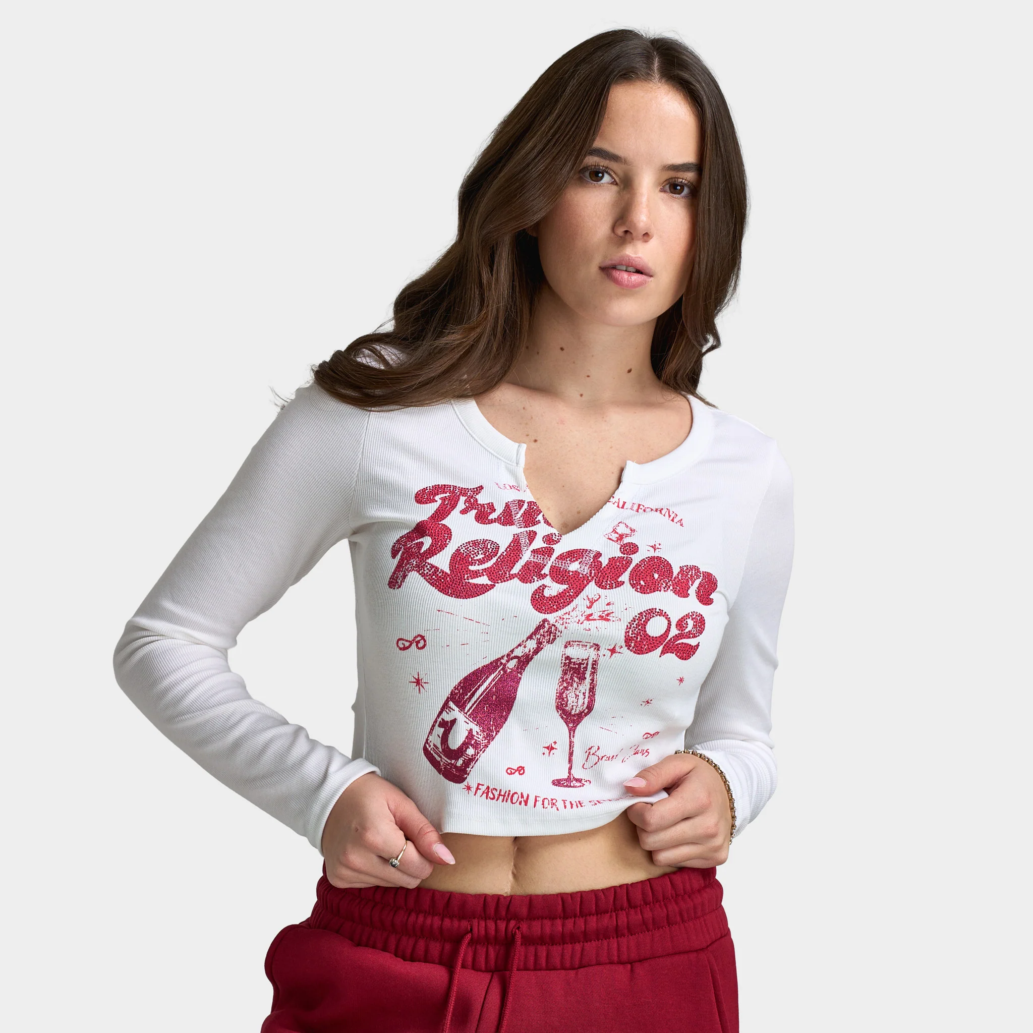 True Religion Women's Glitter Ribbed Notch Long Sleeve / White - Image 3