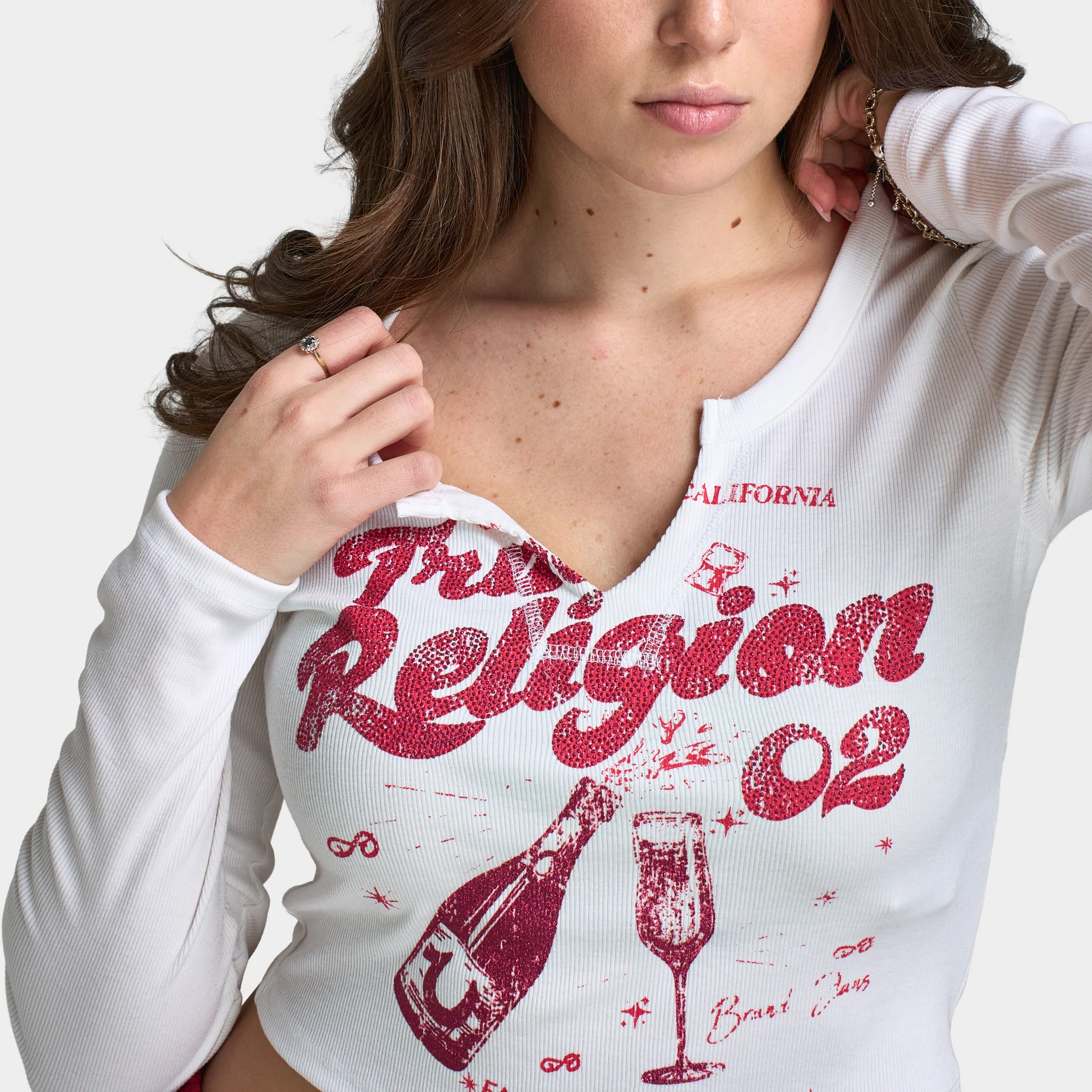 True Religion Women's Glitter Ribbed Notch Long Sleeve / White - Image 4