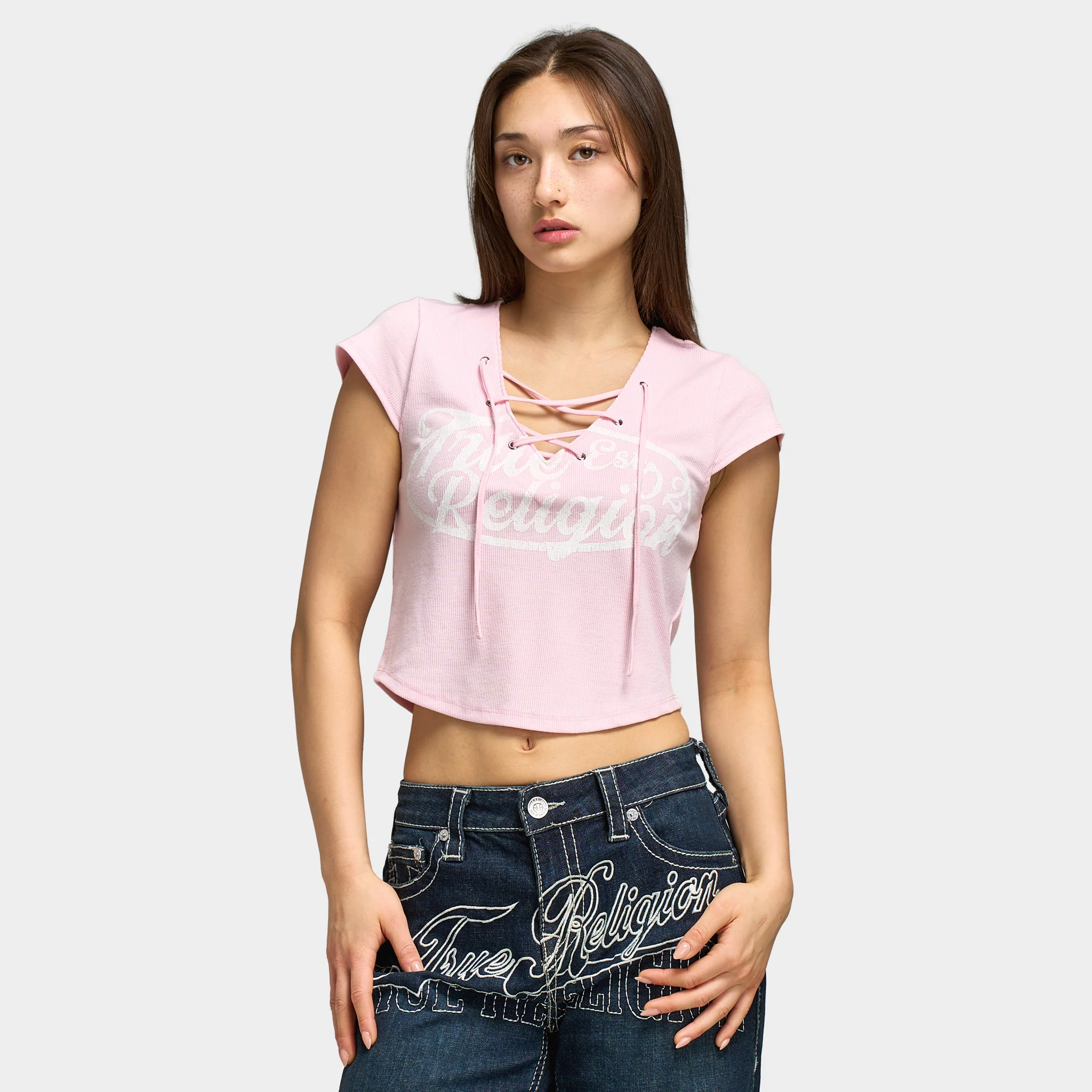 True Religion Women's Lace Up Cap Sleeve Rib Top / Fairy - Image 4