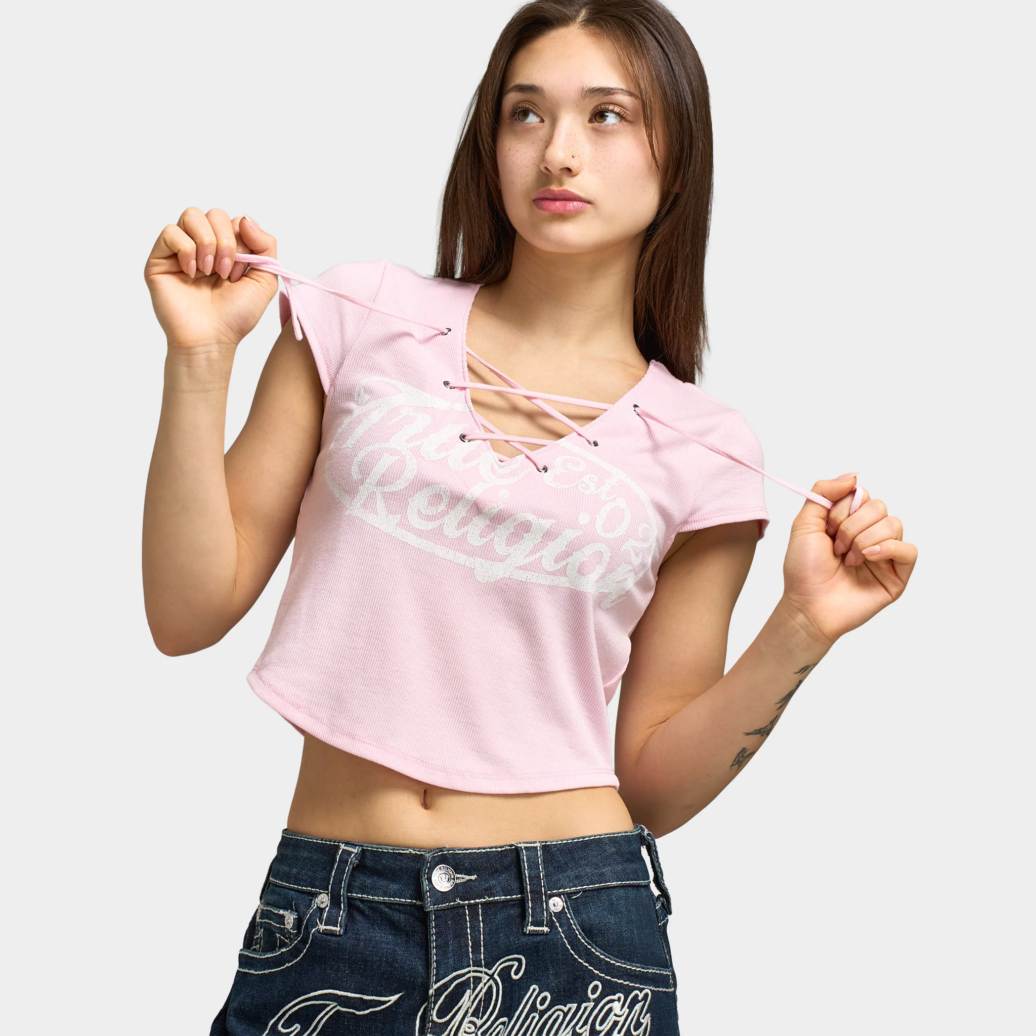 True Religion Women's Lace Up Cap Sleeve Rib Top / Fairy - Image 6