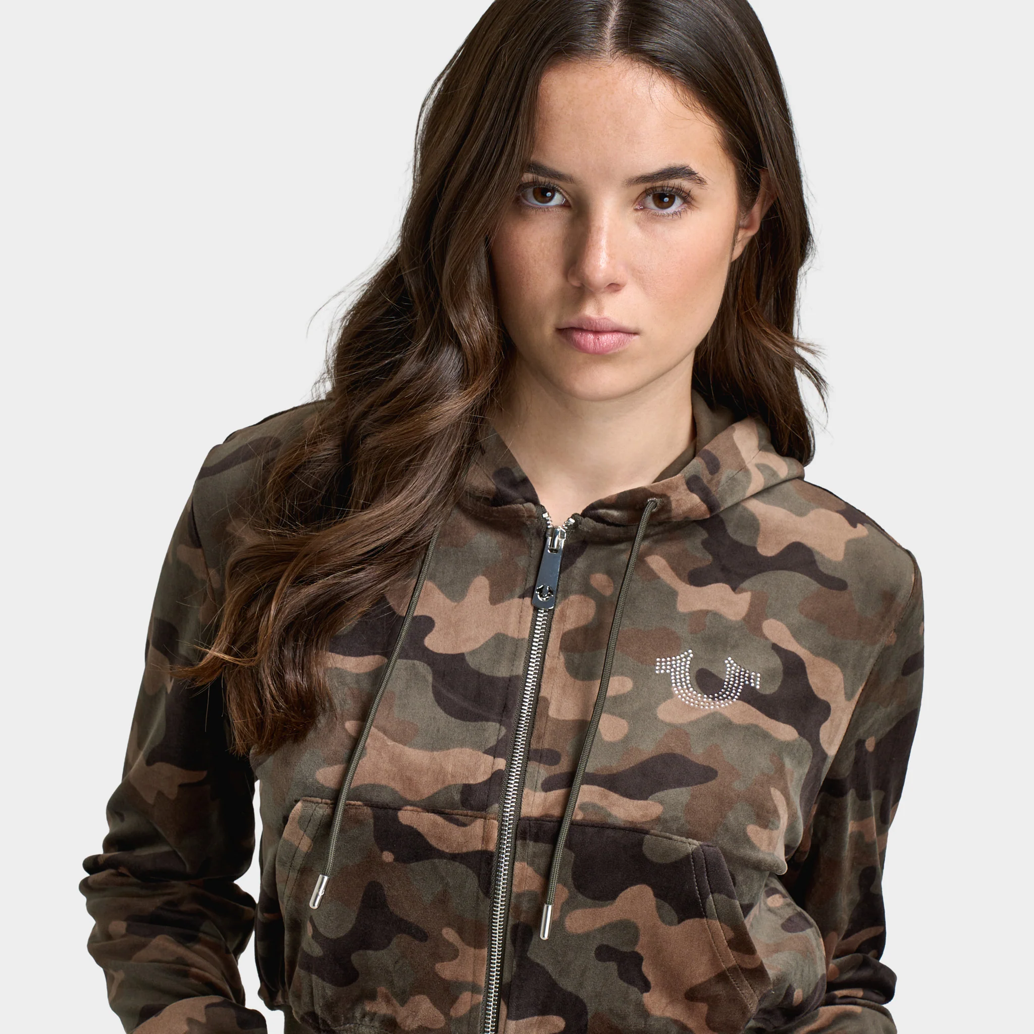 True Religion Women's Velour Shrunken Hoodie / Brown Camo - Image 3