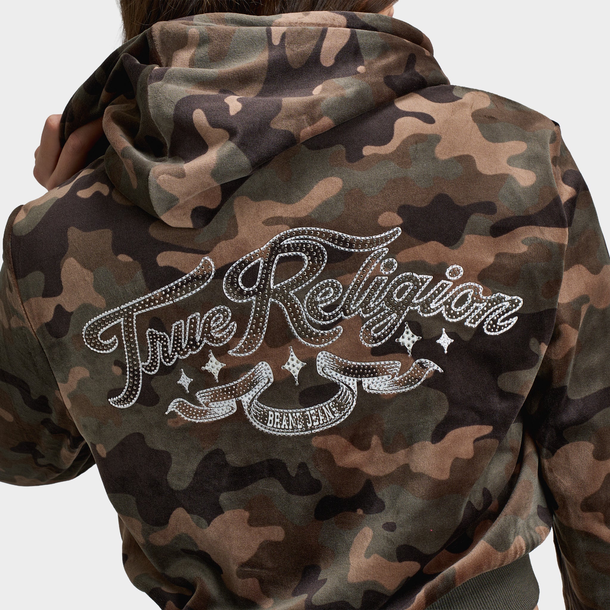 True Religion Women's Velour Shrunken Hoodie / Brown Camo - Image 4