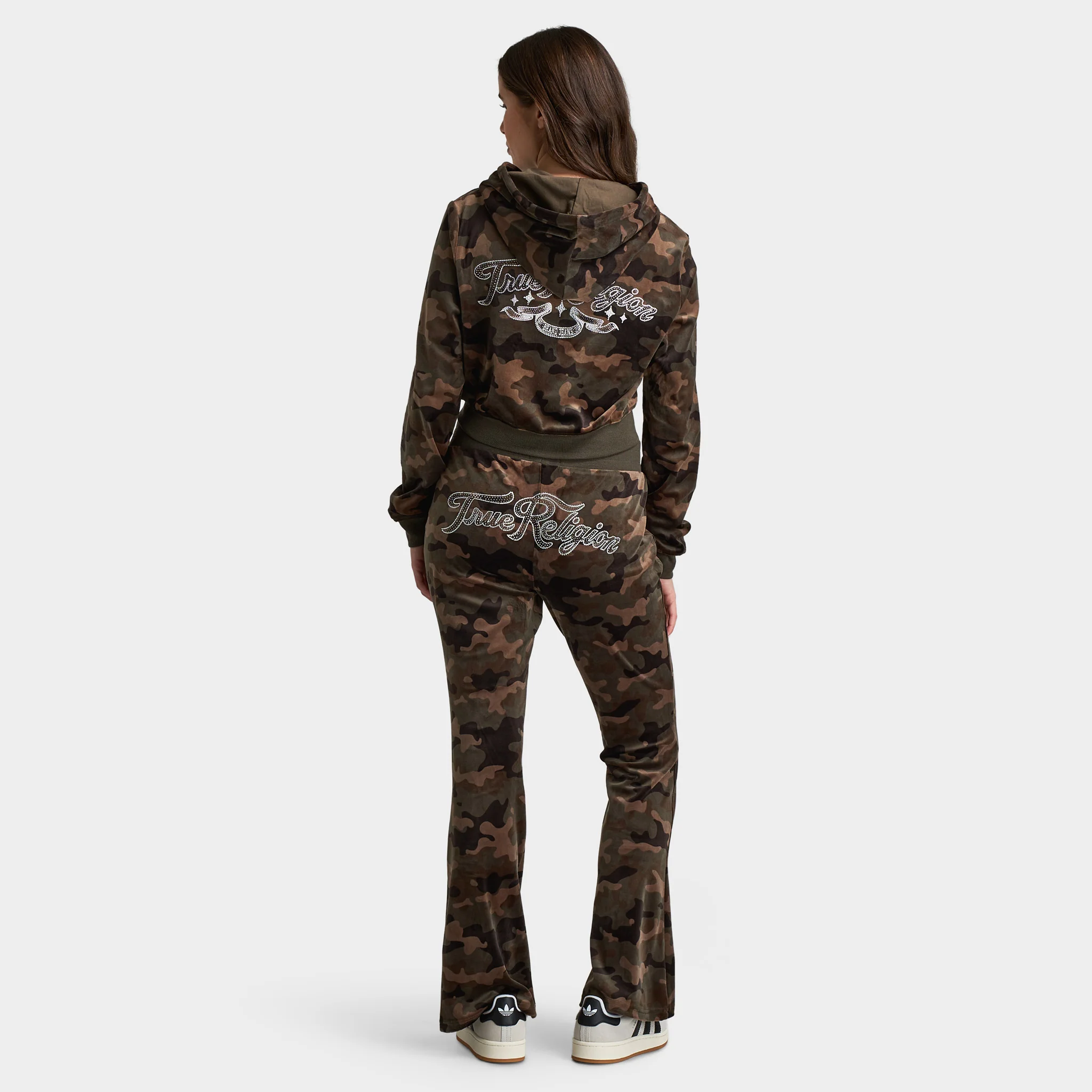 True Religion Women's Velour Shrunken Hoodie / Brown Camo - Image 5