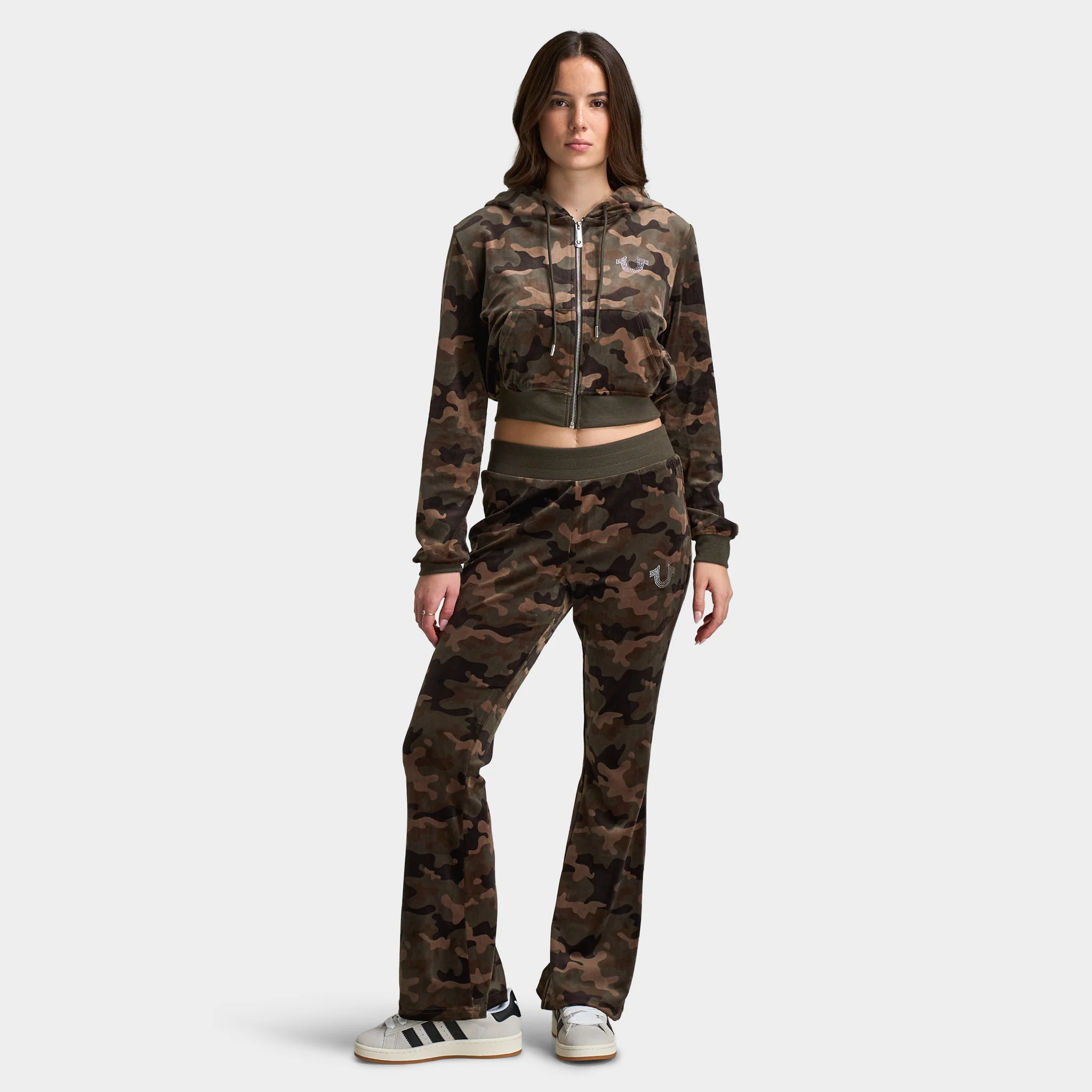True Religion Women's Velour Shrunken Hoodie / Brown Camo - Image 6
